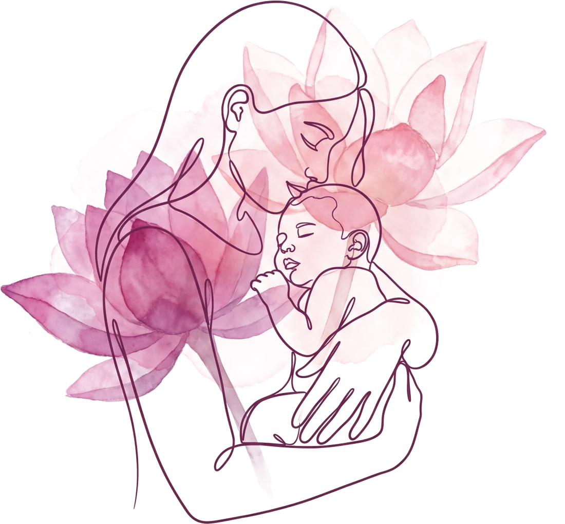 Line illustration of a mother cradling her newborn